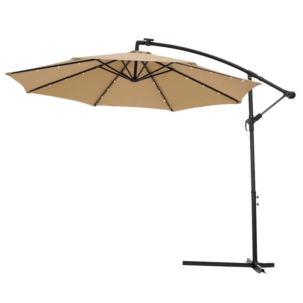Modern 10 ft. Steel Cantilever Solar Patio Umbrella in Taupe with LED Light