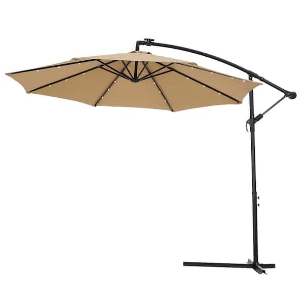 HOMEFUN 10 ft. Cantilever Solar LED Outdoor Patio Umbrella Hanging Umbrella with Adustmentable 24 LED Lights in Taupe