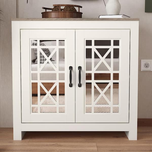 GALANO 30.2 in. H x 30.9 in. W Ivory with Knotty Gray Oak Wood Shoe Cabinet