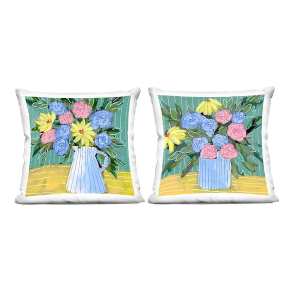 Stupell Industries Bright Flowers on Stripes Green Floral Polyester 18 in. x 18 in. Throw Pillow (Set of 2)