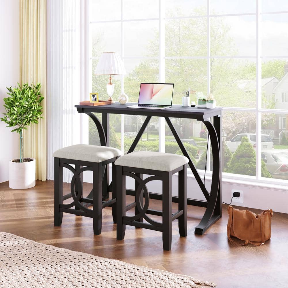 Espresso 3-Piece Wood Rectagular Table Counter Height Outdoor Dining Set wi