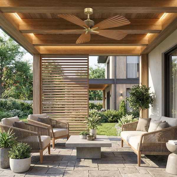 56 in. Gold Downrod Mount Leaf Outdoor Ceiling Fan with Remote Control, 5 Brown Blades, Wet Rated for Patios