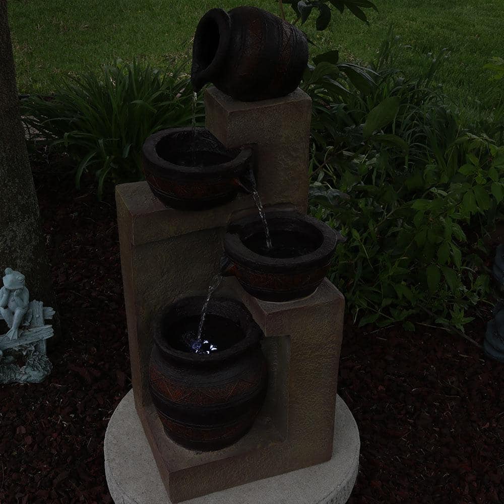 30-Inch Brown Polystone Solar Powered Cascading Water Fountain with LED Light