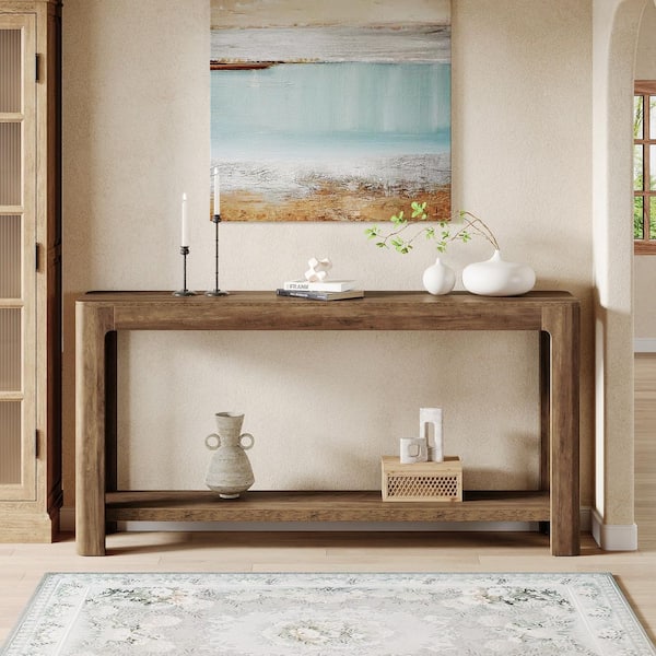 Turrella 63 in. Rustic Brown Rectangle Wood Console Table with 2-Tier for Storage, Narrow Long Sofa Table Behind Couch