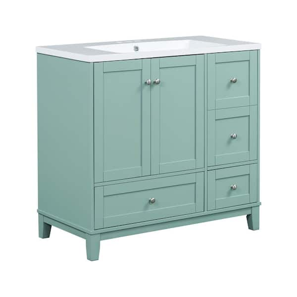 36 in. W x 18 in. D x 34 in. H Single Sink Freestanding Bath Vanity in Green with White Resin Top