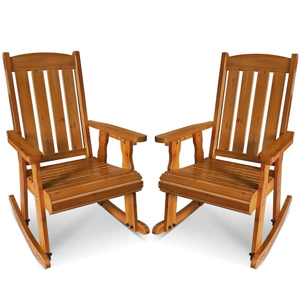 2-Piece Solid Fir Wood Outdoor Rocking Chair with Deep Contour Seat, Heavy Duty 600 lbs for Patio Porch and Yard, Brown