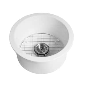 18 in. Undermount/ Drop-In Kitchen Sink, Compact Round Single Bowl White Fireclay Sink, Includes Drain Strainer and Grid