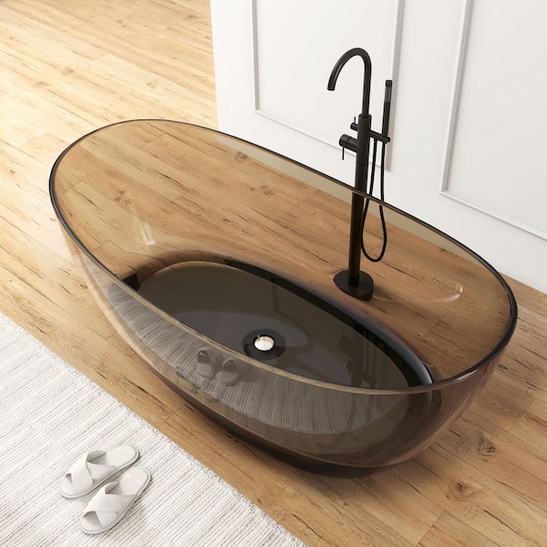 65 in. x 33.5 in. Stone Resin Solid Surface Flatbottom Freestanding Soaking Bathtub in Transparent Brown