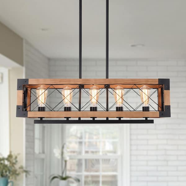 HUOKU Libertab 5-Light 31.5 in. W Matte Black Chandelier Rectangular Kitchen Island Hanging Light with Solid Wood Frame