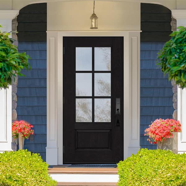 Regency 36 in. x 80 in. 3/4-6 Lite Clear Glass RHOS Onyx Stain Fiberglass Prehung Front Door w/8012 Black Lockset