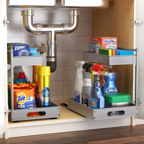 Under Sink Organizer with Sliding Tracks and Adhesive Tape, Silver Metal Pull-Out Organizer, 2-Tier Sink Storage 2-Pack
