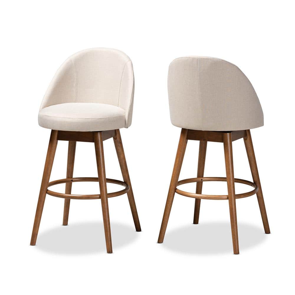 Light Beige Upholstered Walnut Wood Swivel Bar Stools, Set of 2