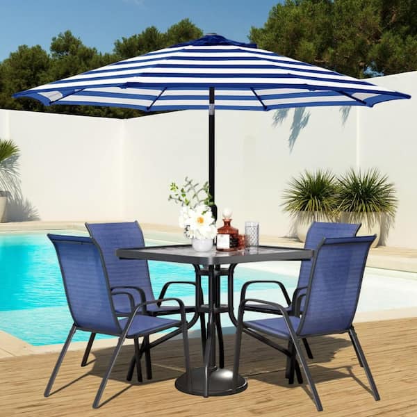 Maypex 9 ft. Steel Crank and Tilt Stripe Market Patio Umbrella in Blue and White