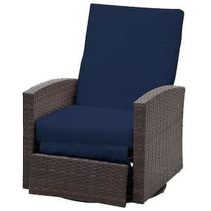 Plastic Rattan Wicker Swivel Outdoor Recliner Lounge Chair with Dark Blue Cushions Water/UV Fighting Material
