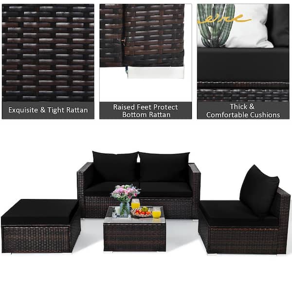 Costway 5-Piece Patio Rattan Wicker Furniture Set Sofa Ottoman Coffee Table  Cushioned Black HW68638ADK+ - The Home Depot