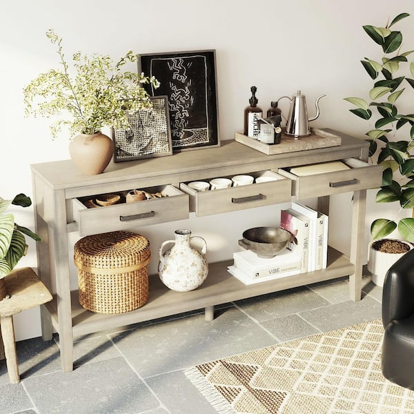59.1 in. Gray Rectangle Wood Console Table with 1-Shelf, Entrance Table for Entryway, Hallway, Living Room