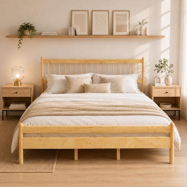 Brown Wood Frame King Size Platform Bed with Headboard and Footboard