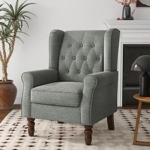 Modern Gray Linen Upholstered Button High Back Accent Arm Chair with Wood Legs (Set of 1)