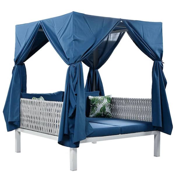 grossag White Metal and Rubber Core Rope Outdoor Day Bed with Blue ...