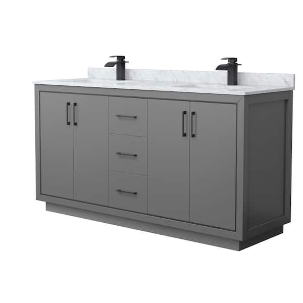 Wyndham Collection Icon 66 in. W x 22 in. D x 35 in. H Double Bath Vanity in Dark Gray with White Carrara Marble Top