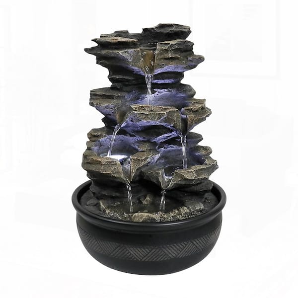15.7 in. Resin High Rock Cascading Indoor Tabletop Waterfall Tiered Fountain with LED Light for Zen Home Decoration