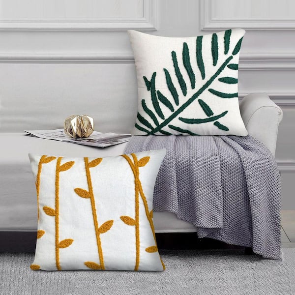 17x17 inch 2 Piece Square Cotton Accent Throw Pillow Set, Leaf Embroidery, White, Green, Yellow