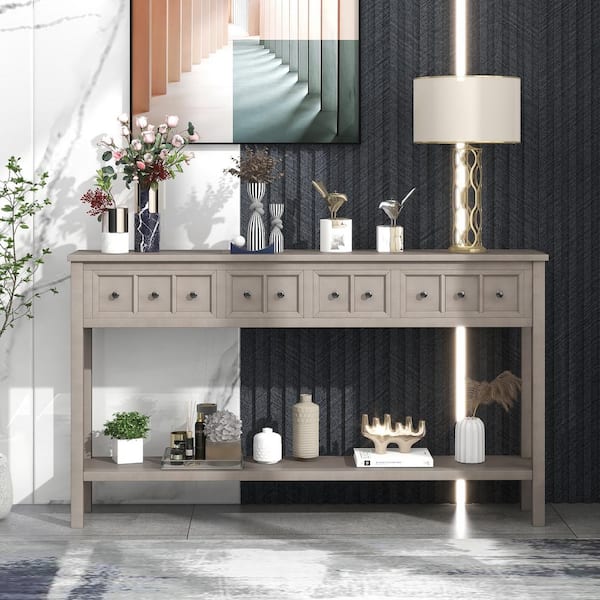 60 in. Gray Wash Standard Rectangle Wood Console Table with 4-Storage Drawers and Bottom Shelf