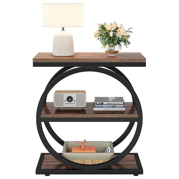 BYBLIGHT Kerlin 23.62 in. Brown Rectangle Wood End Table with Storage Shelves (Set of 2)