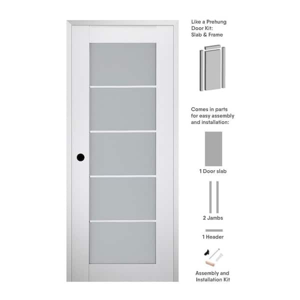 Smart Pro 28 in. x 80 in. Right-Handed 5-Lite Frosted Glass Polar White Wood Composite Single Prehung Interior Door
