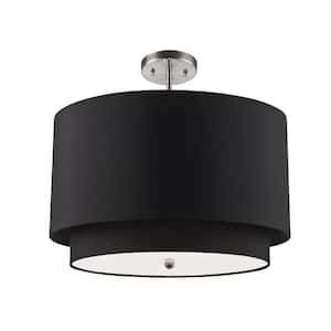 Schiffer 18 in. 3-Light Brushed Nickel Pendant Light Fixture with Black Drum Shade