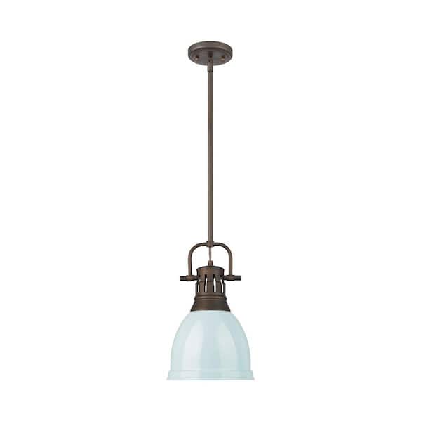 Golden Lighting Duncan 14.25 in. 1 Light Rubbed Bronze Pendant Light with Seafoam Shade