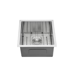 Loile 17 in. L Undermount Single Bowl 16-Gauge Brushed Nickel Stainless Steel Kitchen Sink with Grid, Rack and Strainer