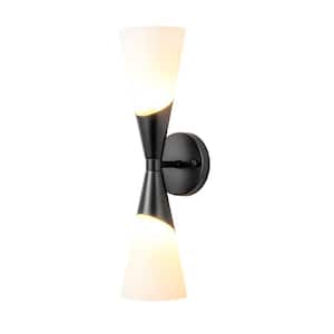 Angelina 18.8 in. 2-Light Black Metal Up and Down Linear Horn Bathroom Vanity Light Sconce with Frosted Opal Glass Shade