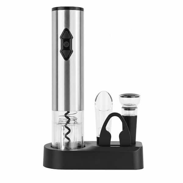 5-in-1 Silver Electric Wine Opener Gift Set with Corkscrew, Foil Cutter, Wine Pour, Wine Stopper and Storage Base