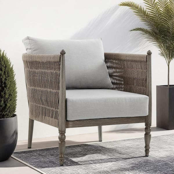 Armen Living Safari Brown Aluminum and Rope Outdoor Lounge Chair with Gray Cushion