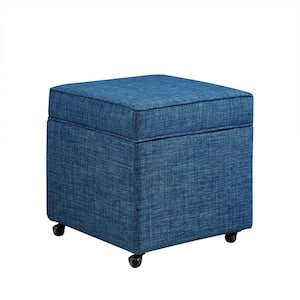Laurie Blue Linen Upholstered Rolling Cube Storage Ottoman