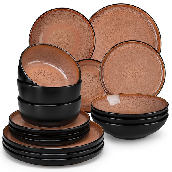 Series Amber 16-Piece Red and Black Stoneware Dinnerware Set Service for 4 Bowls and Plates Dining Set Tableware