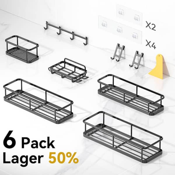 6 Pack Black Metal Rustproof Shower Caddy No Drilling Bathroom Organizers and Storage Included in Adhesive Tape