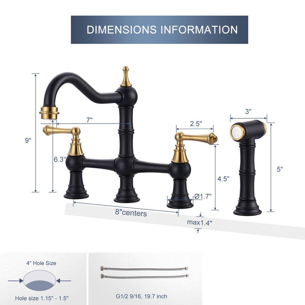 Matte Black and Gold Double Handle Bridge Kitchen Faucet with Side Sprayer