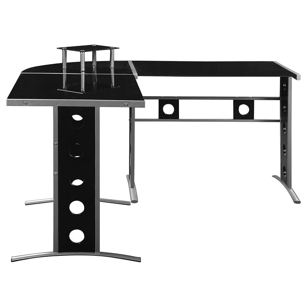 Contemporary Black Glass L-Shape Corner Desk with Silver Accents