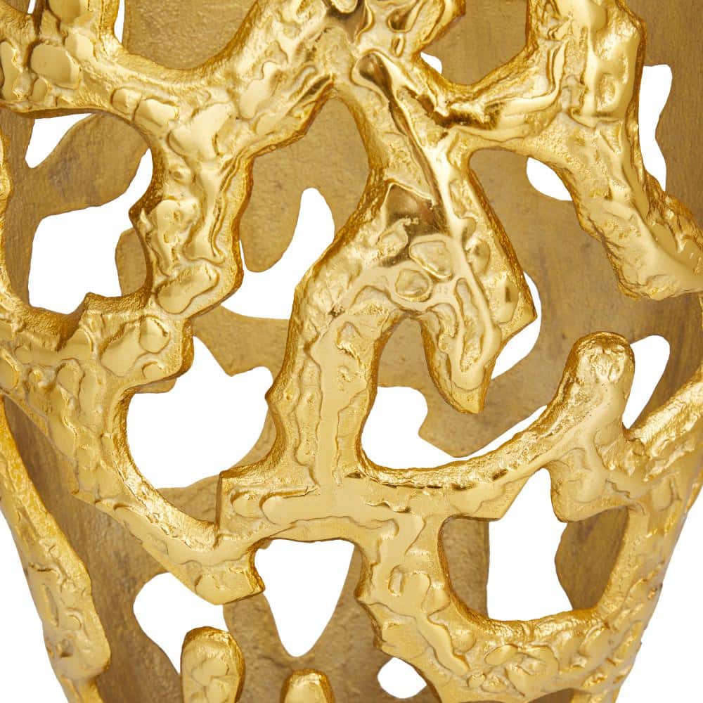 Tall Gold Aluminum Metal Decorative Vase with Cutout Design