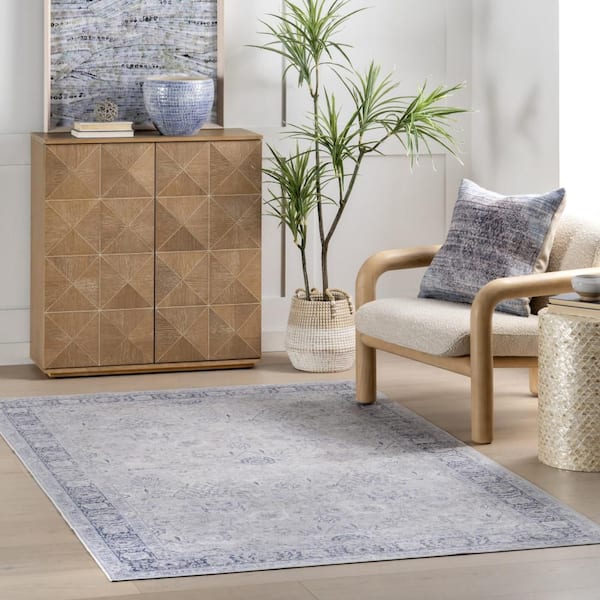 Bayberry Spill Proof Vintage Washable Light Blue 8 ft. x 10 ft. Indoor Area Rug