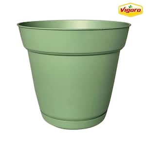 8 in. Bea Small Sage Green Resin Planter (8 in. D x 7.1 in. H) With Drainage Hole and Attached Saucer