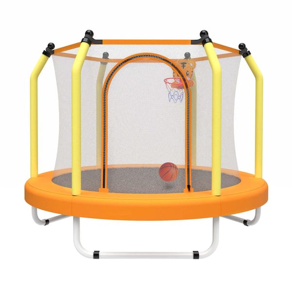 Yellow Steel Outdoor Round 55-inch Trampoline with Basketball Hoop