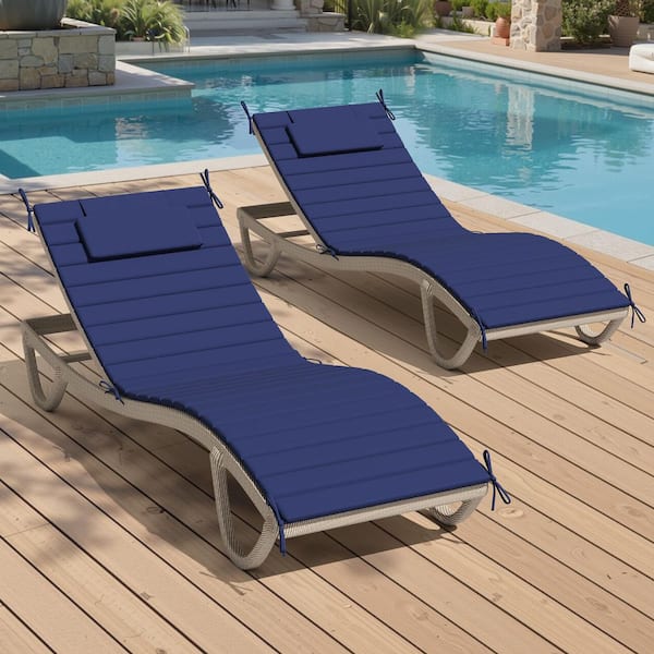 Unbranded 2-Pieces Outdoor Chaise Lounge Cushions in Navy Blue 80 in. x 26 in. Patio Replacement Cushion with Straps and Headrest