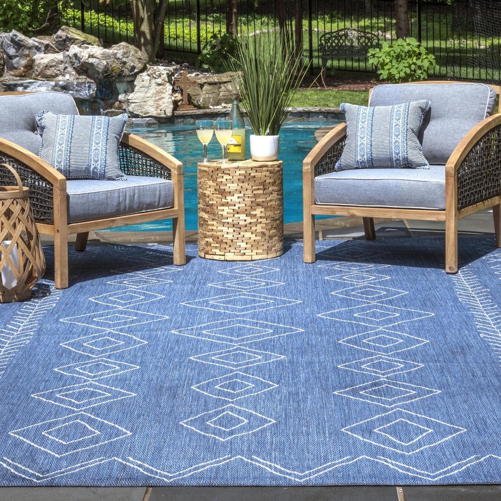 Blue Geometric Synthetic Easy Care Square Rug