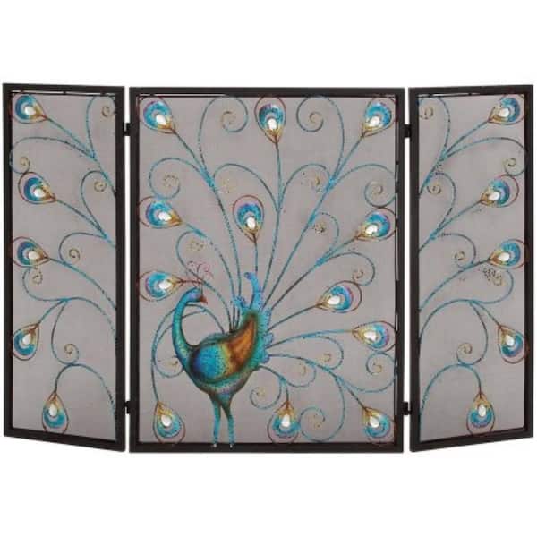 Benzara Peacock Themed Multi-Color Metal 3-Panel Fireplace Screen