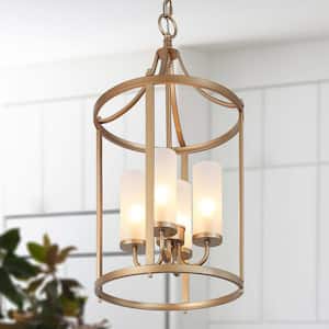 Modern Gold Lantern Chandelier, Drum 4-Light Cylinder Caged Pendant Light with Frosted Glass Shades for Kitchen Bedroom