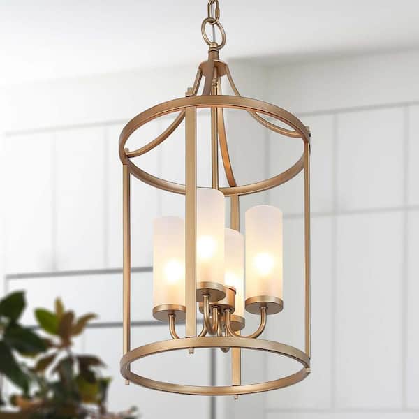 LNC Modern Gold Lantern Chandelier, Drum 4-Light Cylinder Caged Pendant Light with Frosted Glass Shades for Kitchen Bedroom