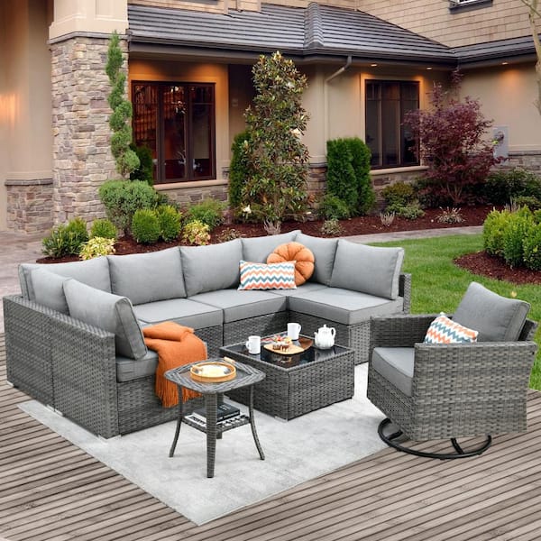 weaxty W Daffodil F Gray 9-Piece Wicker Outdoor Patio Conversation Sofa Set with a Swivel Rocking Chair and Dark Gray Cushions